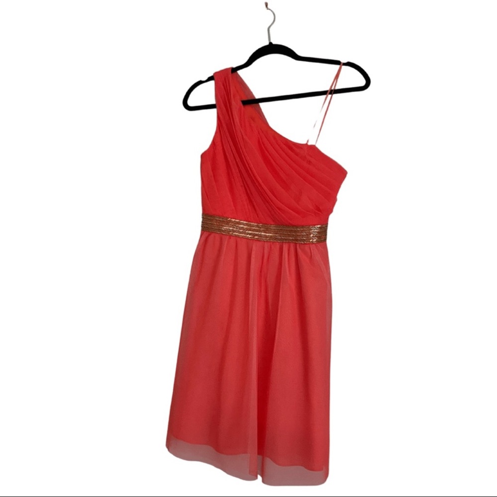 Max and Cleo coral one shoulder cocktail dress